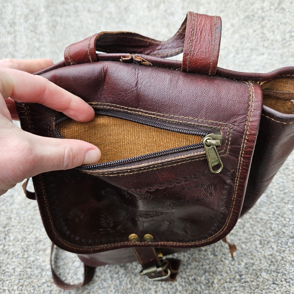 Vintage Camel Tooled Leather Brown Backpack India Unique Flap Top Bag Purse - Picture 15 of 16